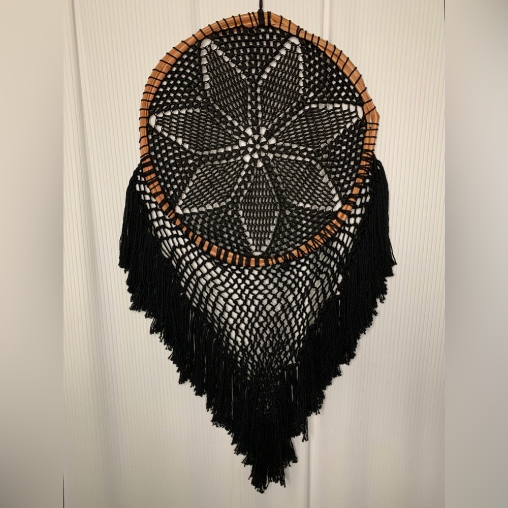 Black Macrame / Crocheted Dream Catcher With Wooden Grapevine Hoop - Hand Made